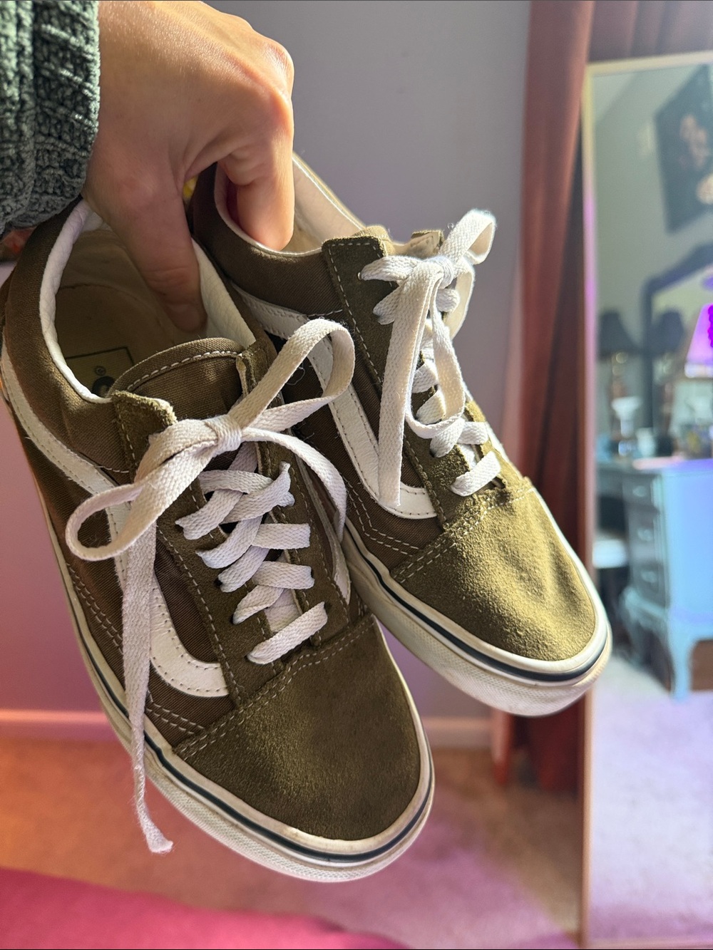 Vans Olive Green Canvas Low-Top Sneakers with White Stripe